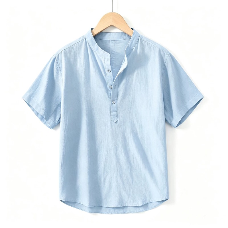 Embellish Knit - Men Cotton Linen Short-Sleeve Shirt with
