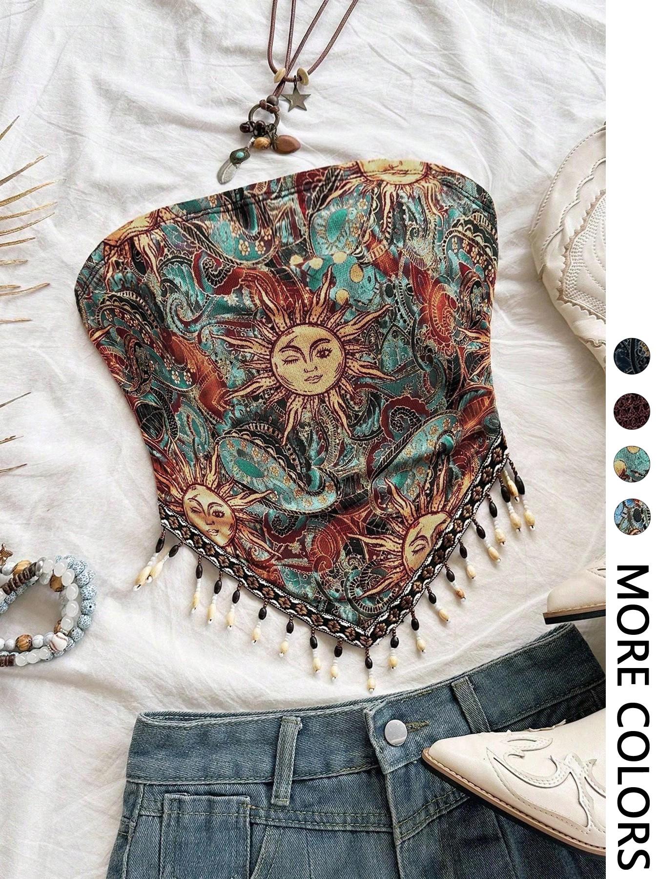 Ladies' 1pc Printed Mesh Knitt – Beaded Trim Fringe recenzja i cena