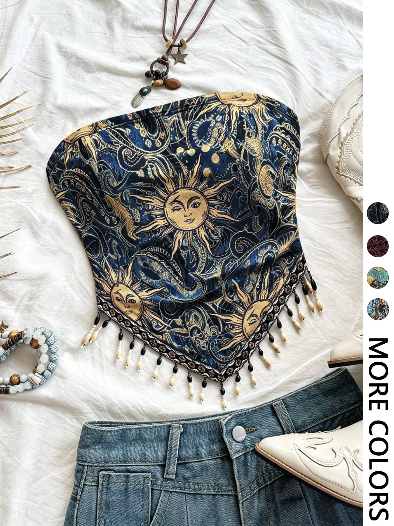 Ladies' 1pc Printed Mesh Knitt – Beaded Trim Fringe recenzja i cena
