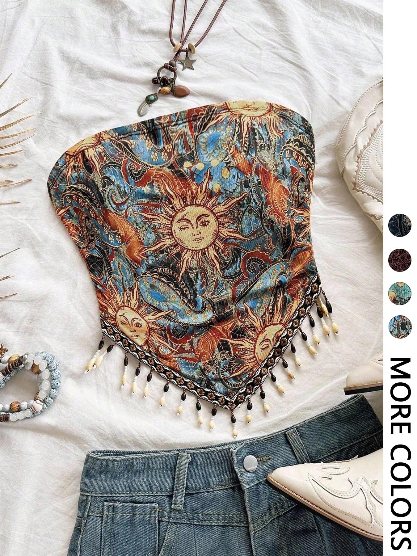 Ladies' 1pc Printed Mesh Knitt – Beaded Trim Fringe recenzja i cena